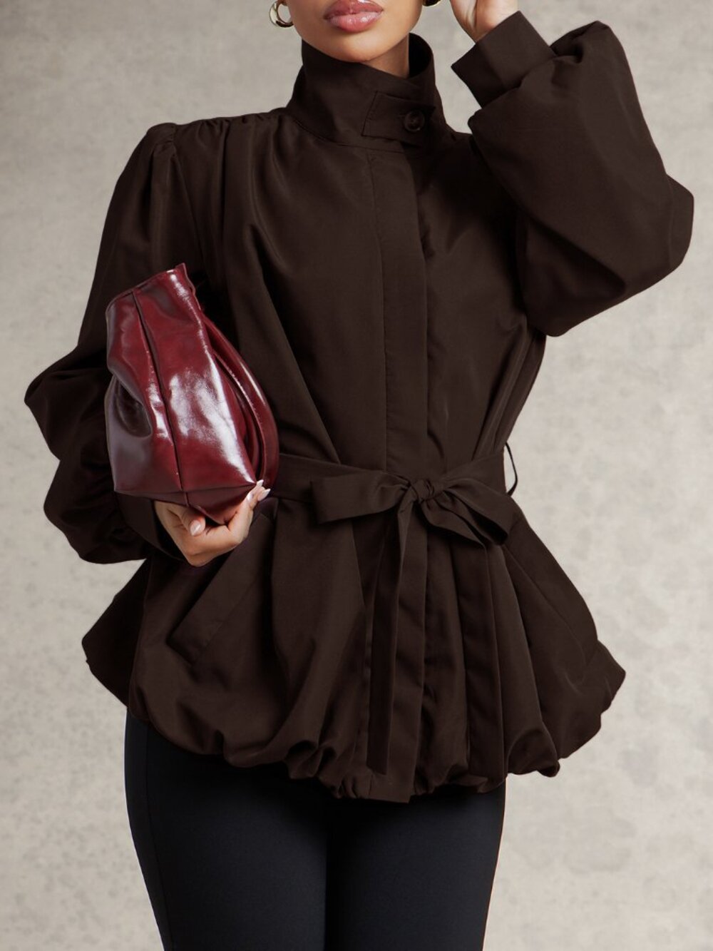 Coffee Brown Elegant Women's Button Pocket Long Sleeve High Neck Jacket Office